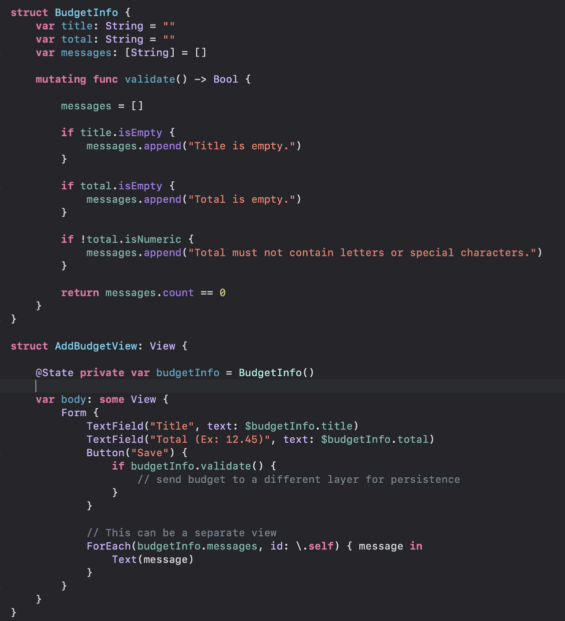 Validation with error messages in separate view state